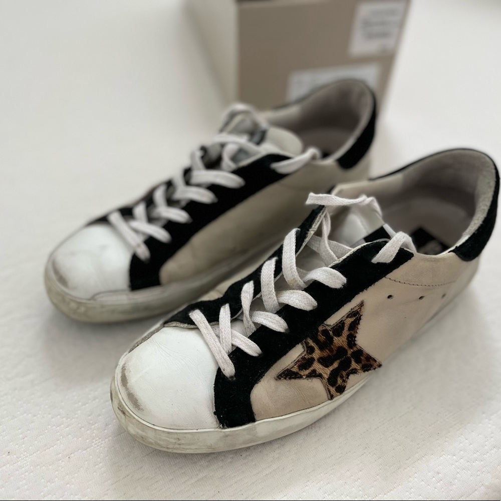 Golden Goose White and Black Sneakers with Leopard Accent